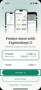 The subscription screen in the ExpressKeys app on iOS, highlighting the "Subscribe" button.