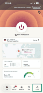 ExpressVPN iOS app dashboard showing Profile icon highlighted.