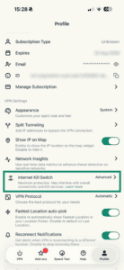 ExpressVPN iOS profile settings showing Internet Kill Switch highlighted.