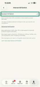ExpressVPN iOS app showing kill switch options and Standard Kill Switch highlighted.