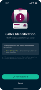 The Caller Identification confirmation screen explaining the feature in the Identity Defender app for iOS.