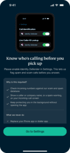 Identity Defender's Caller Identification setup screen explaining why call identification permissions are required in iOS settings, with a "Go to Settings" button at the bottom.