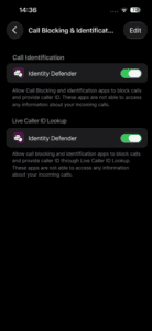 The "Call Blocking & Identification" setting in iOS, showing Call Identification and Live Caller ID Lookup enabled for the Identity Defender app.