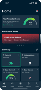 The home screen in the Identity Defender app for iOS, with a highlighted Caller ID widget.