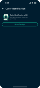 The Caller Identification tab in the Identity Defender app for iOS, showing a "Go to Settings" button.