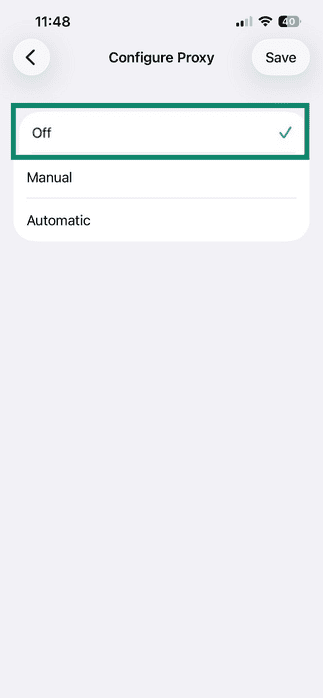 Proxy settings set to off on iOS