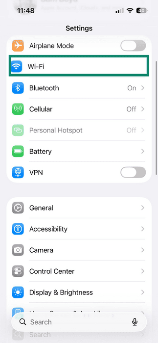 iOS Wi-Fi button in the settings menu