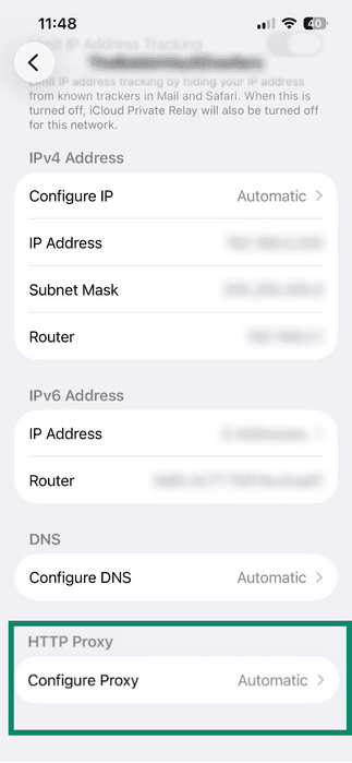 Configure Proxy button is listed underneath HTTP Proxy