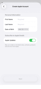 The Personal Information step of the 'Create Apple Account' process, showing input fields for First Name, Last Name, and Date of Birth.
