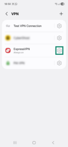Android VPN settings page, showing a highlighted cog icon next to ExpressVPN.