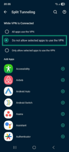 Split tunneling settings on ExpressVPN iOS app.