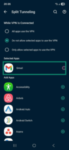 Split tunneling settings on ExpressVPN iOS app.