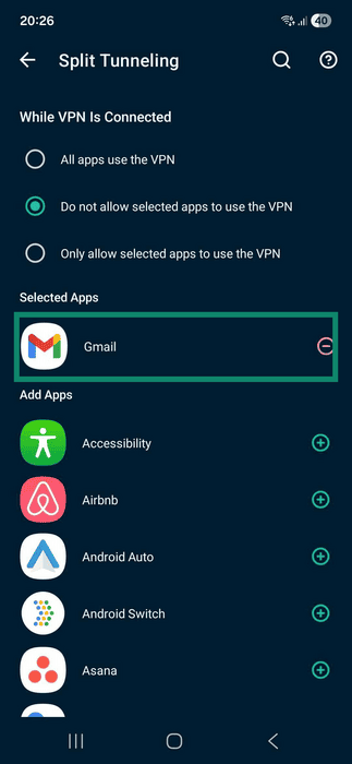 Split tunneling settings on ExpressVPN iOS app.