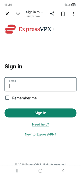 ExpressVPN+ sign-in page on Android.