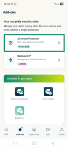 ExpressVPN Android app interface showing the Add-ons tab. The "Advanced Protection" widget is highlighted.