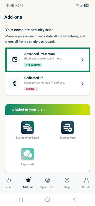 ExpressVPN Android app interface showing the Add-ons tab. The "Advanced Protection" widget is highlighted.
