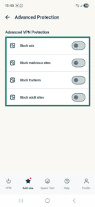 ExpressVPN Android app interface showing the Advanced Protection tab. The available settings are highlighted.