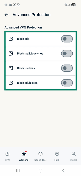 ExpressVPN Android app interface showing the Advanced Protection tab. The available settings are highlighted.