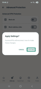 ExpressVPN Android app interface showing the Apple Settings prompt on the Advanced Protection tab. The "CONTINUE' button is highlighted.