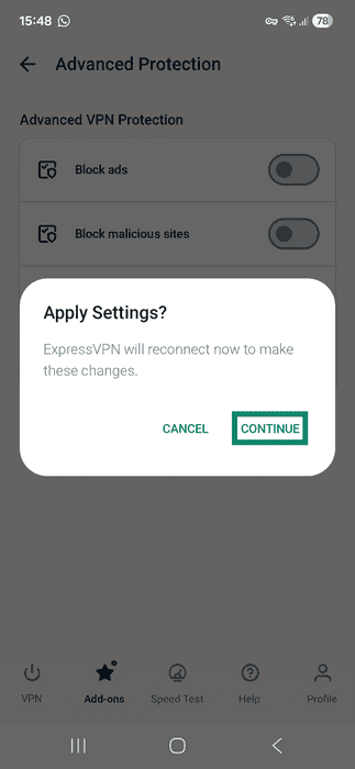 ExpressVPN Android app interface showing the Apple Settings prompt on the Advanced Protection tab. The "CONTINUE' button is highlighted.