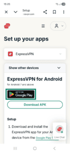 Android app interface showing the ExpressVPN Android app download page. The "Get It On Google Play" button is highlighted.