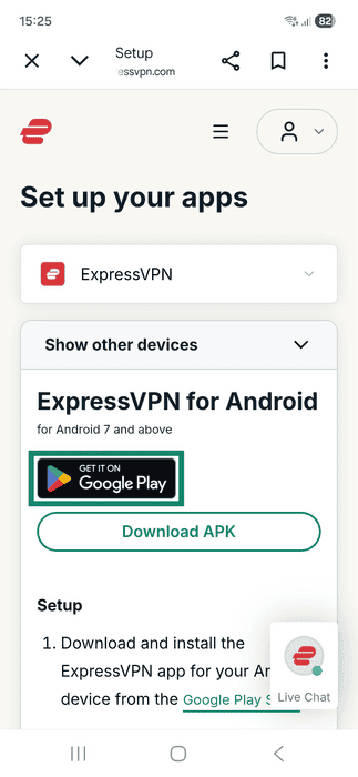 Android app interface showing the ExpressVPN Android app download page. The "Get It On Google Play" button is highlighted.