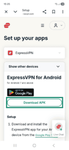 Android app interface showing the ExpressVPN Android app download page. The "Download APK" button is highlighted.