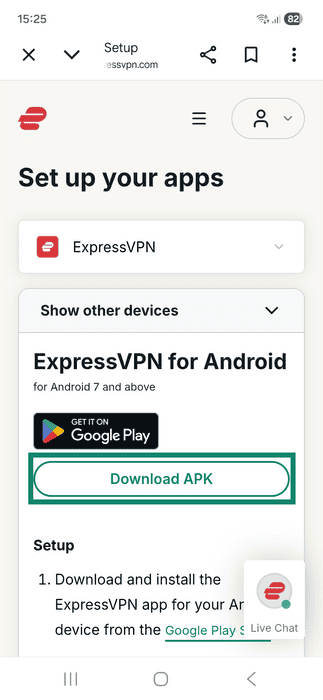 Android app interface showing the ExpressVPN Android app download page. The "Download APK" button is highlighted.