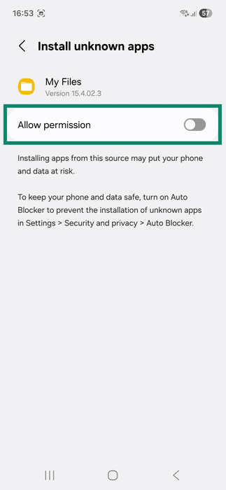 The settings page for allowing the installation of unknown apps via the My Files app on Android. The Allow permission toggle is highlighted.