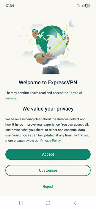 ExpressVPN app interface showing a Terms of Service and Privacy Policy window on Android.