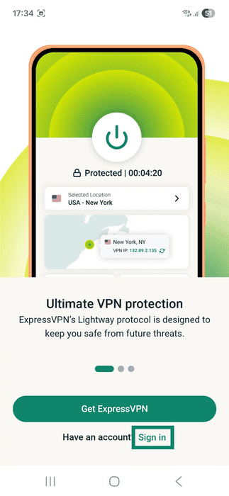ExpressVPN app interface displaying the launch screen on Android. The Sign in button is highlighted.
