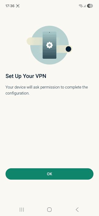 ExpressVPN app interface showing the VPN setup screen on Android.