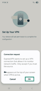 ExpressVPN app interface displaying a connection request popup window during setup. The OK button is highlighted.