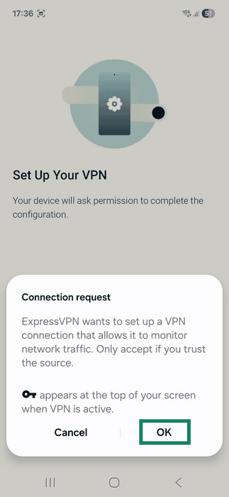 ExpressVPN app interface displaying a connection request popup window during setup. The OK button is highlighted.