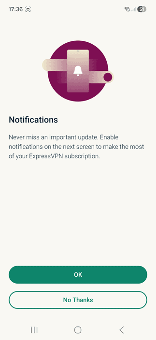 ExpressVPN app interface showing the notifications permission window during setup on Android.