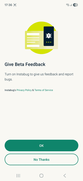 ExpressVPN app interface showing the beta program window during setup on Android.