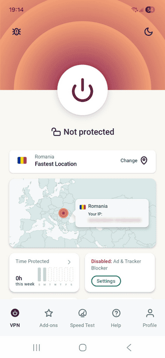 ExpressVPN app interface showing the connection screen on Android.