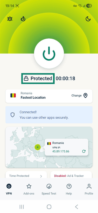 ExpressVPN app interface showing an active connection screen on Android. The Protected status is highlighted.