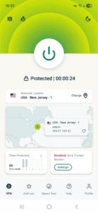 ExpressVPN app interface showing an active VPN connection on Android.