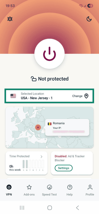 ExpressVPN app interface showing the main connection screen on Android. The Change bar is highlighted.