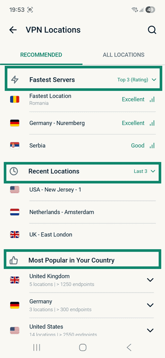 ExpressVPN user interface showing the list of VPN server locations on Android. The Search icon is highlighted.