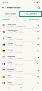 ExpressVPN app interface showing the ALL LOCATIONS tab on Android.