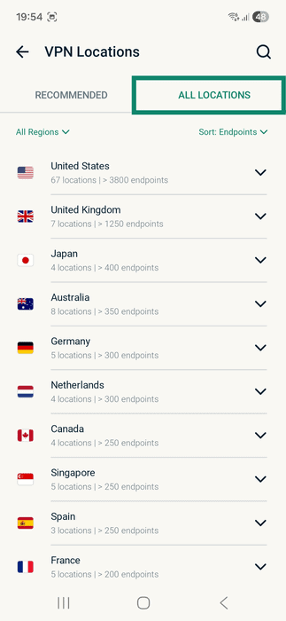 ExpressVPN app interface showing the ALL LOCATIONS tab on Android.