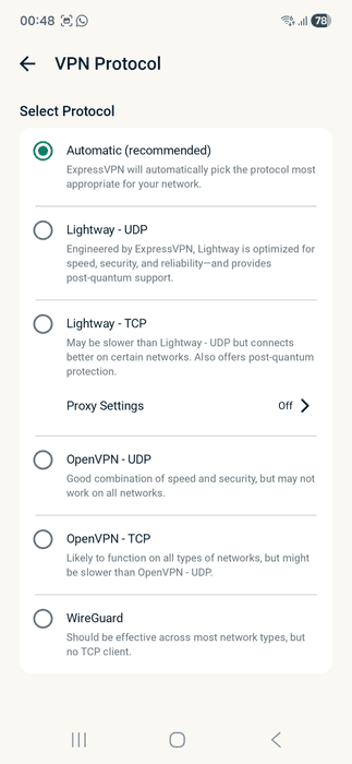 ExpressVPN app interface showing the protocol selection screen on Android.