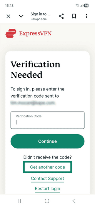 ExpressVPN sign-in page in a web browser on Android, showing the verification code window. The Get another code button is highlighted.