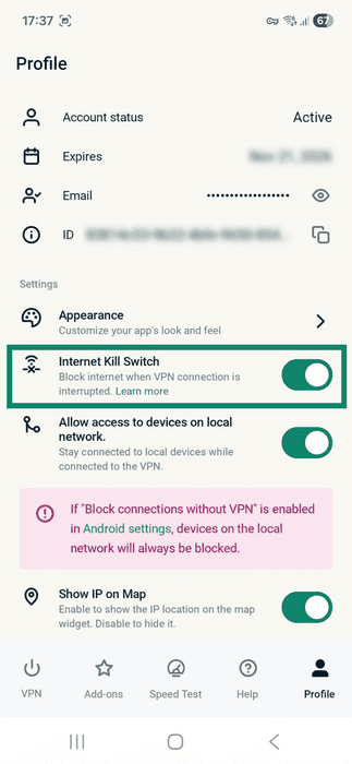 ExpressVPN app interface showing the Profile tab on Android. The Internet Kill Switch option is highlighted.