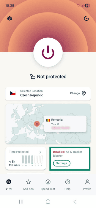 ExpressVPN app interface showing the main connection screen on Android. The Ad & Tracker Blocker settings tab is highlighted.