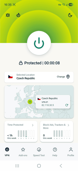 ExpressVPN app interface showing an active VPN connection on Android.
