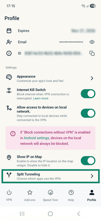 ExpressVPN app interface showing the Profile tab on Android. The Split Tunneling option is highlighted.