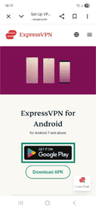 ExpressVPN Android app download page in a web browser on Android. The Get It on Google Play button is highlighted.